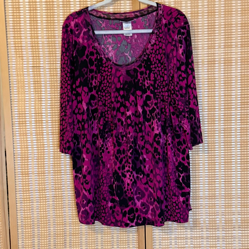 JMS Just My Size Easy Dressing Tunic Top 3X Pink Purple Animal Print 3/4 Sleeve